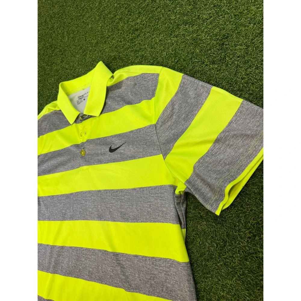 Nike Golf Mens‎ Dri-FIT Striped Polo Shirt Neon Yellow Grey Large Standard Fit